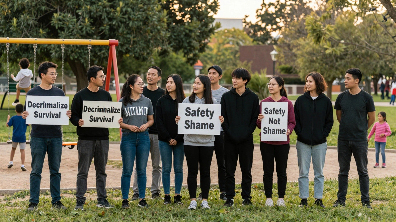 A diverse group stands in a sunlit park holding signs for decriminalization, children play on swings nearby in quiet solidarity.