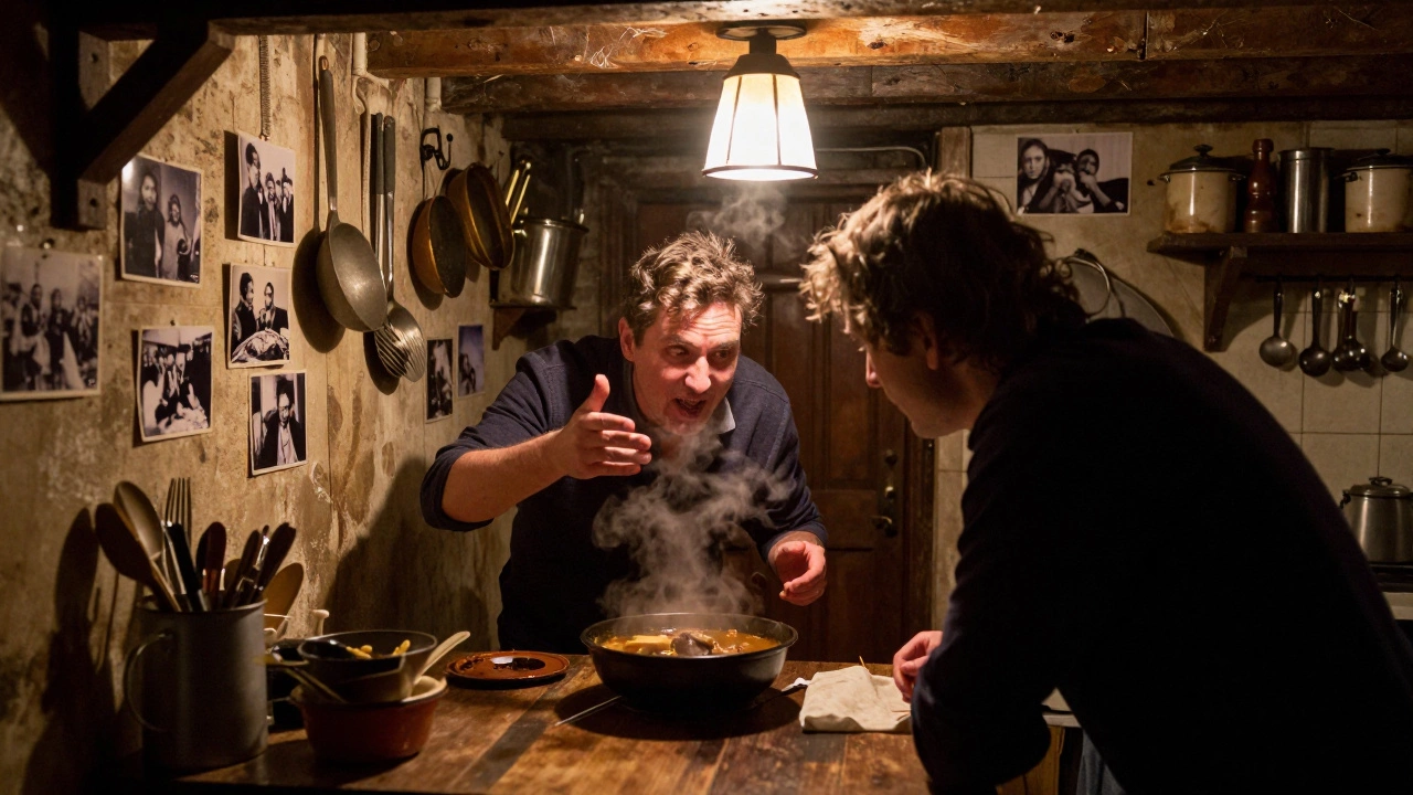 A traveler tastes a traditional stew in a cozy basement kitchen, guided by a knowledgeable local.