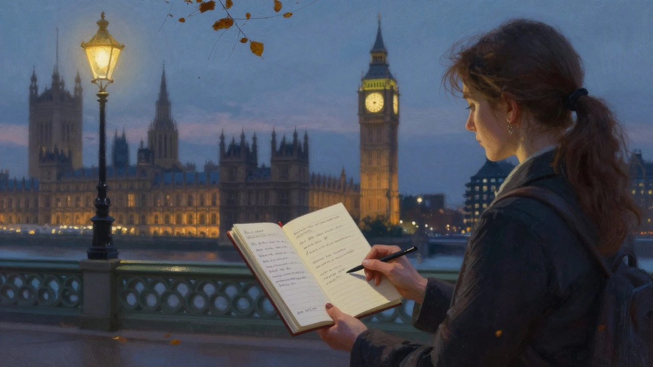 An escort hands a traveler a handwritten notebook of local secrets at dusk near Big Ben.