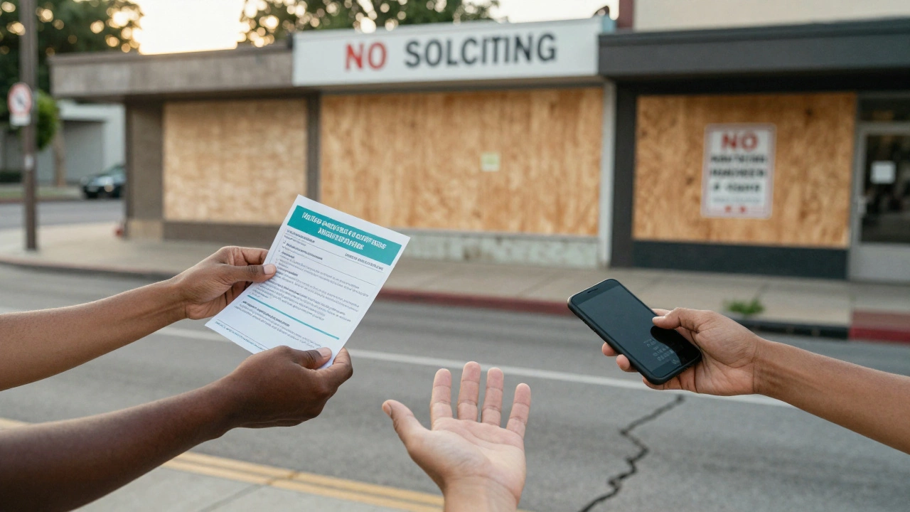 Three diverse hands reach across a cracked sidewalk, holding medical papers, a housing form, and a phone, against boarded-up storefronts.